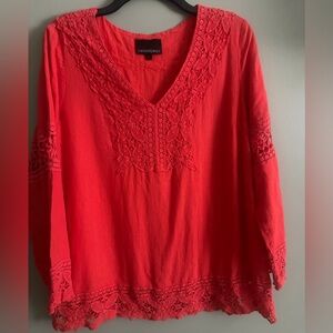 Cynthia Rowley Coral Linen Blend Crochet lace Trim V Neck Boho embroidery Top L